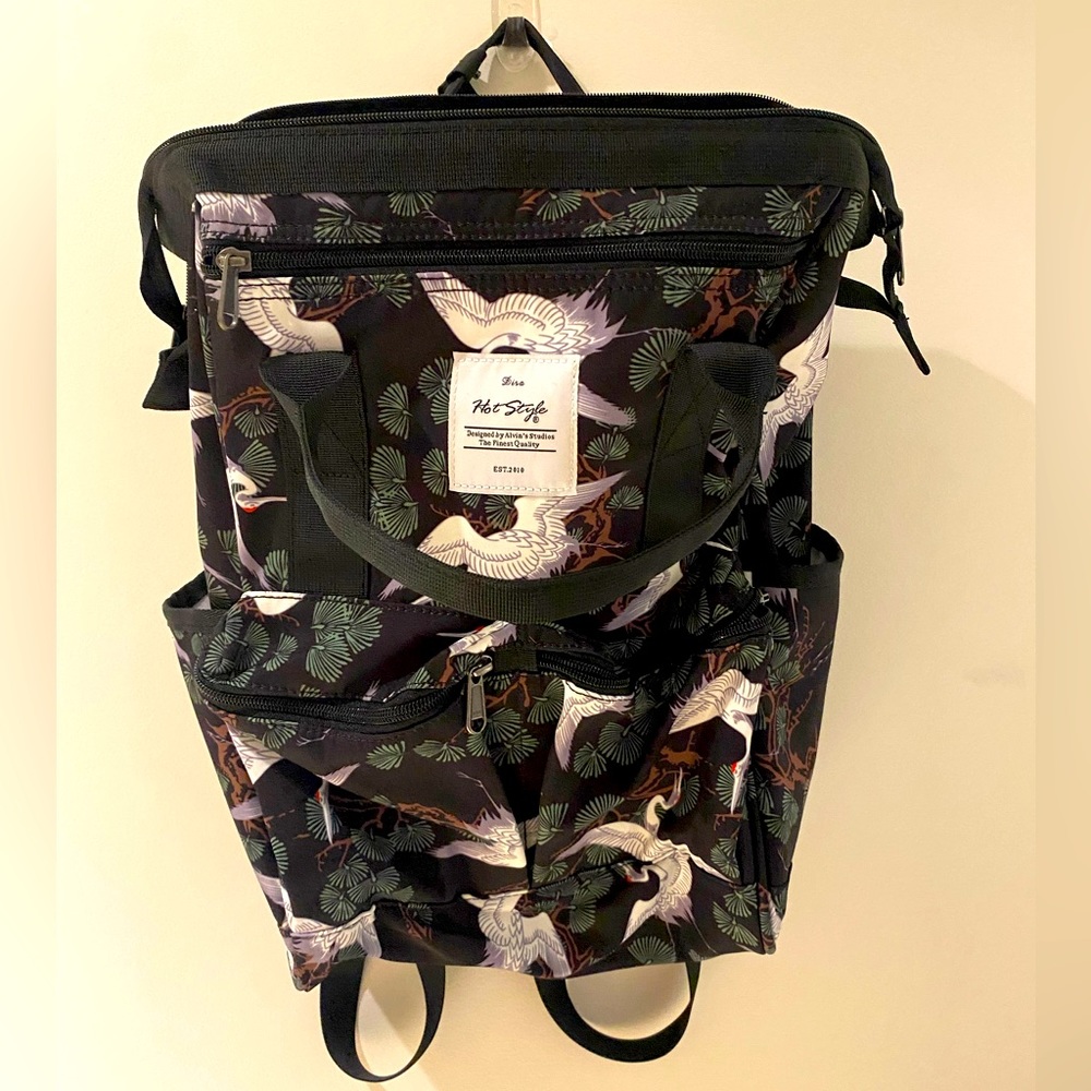 Crane Bird Print Backpack Black